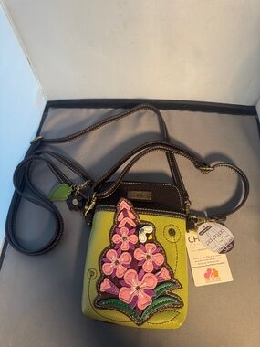 Chala Lime Green Crossbody with Pink Floral Appliqué new with tags